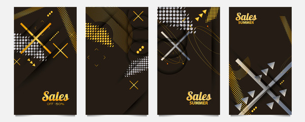 Modern geometric trend abstract set sale. Gold elements on a gray background composition