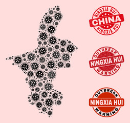 Outbreak combination of flu viral mosaic Ningxia Hui Region map and grunge seals. Vector red imprints with grunge rubber texture and Outbreak Warning caption.