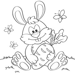Cute cartoon Bunny with carrot. Black and white vector illustration for coloring book
