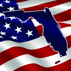 United States, Florida. Dark blue silhouette of the state on its borders on the background of the USA flag.