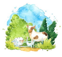 Cute farm animals watercolor illustration