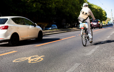 Cycle lane with orange painted bike on asphalt. Bicycle lane and car traffic. Ecological green...
