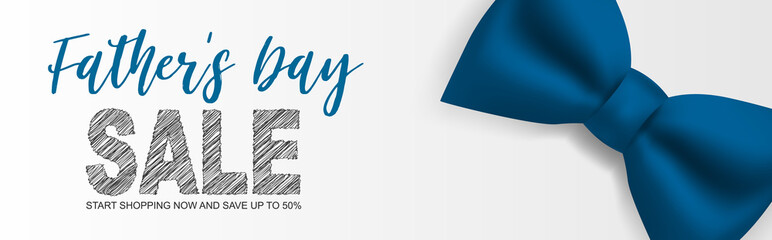 Happy Father's Day sale banner or header. Blue tie bow. Vector illustration.