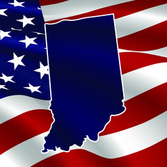 United States, Indiana. Dark blue silhouette of the state on its borders on the background of the USA flag.