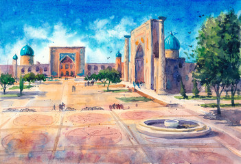 Watercolor hand-drawn landscape of Samarcand city in Uzbekistan