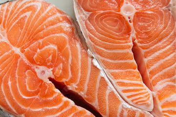 Fresh Raw Tasty Big Textured Salmon Steak in Macro Shot. Fish cooking concept. Healthy Diet Food. Seafood