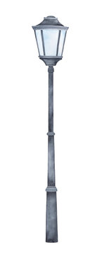 recommend clip art: Water color drawing of black tall street light. One single object, front view. Handdrawn watercolour graphic illustration on white background, cut out clip art element for design, card, banner, print.