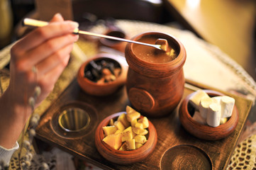 Chocolate fondue. Chocolate. Tasty food. Close-up