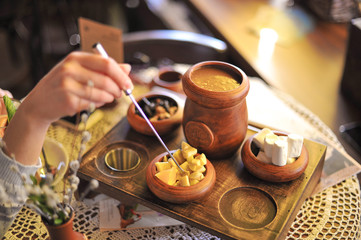 Chocolate fondue. Chocolate. Tasty food. Close-up