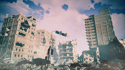 Apocalypse survivor concept, Ruins of a city. Apocalyptic landscape 3d render , 3d illustration concept 