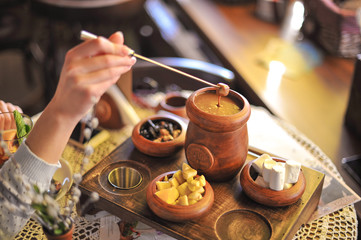 Chocolate fondue. Chocolate. Tasty food. Close-up