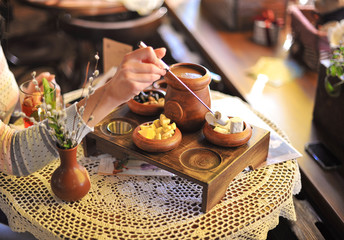 Chocolate fondue. Chocolate. Tasty food. Close-up