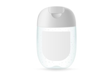 Hand wash sanitizer bottle. Pocket dispenser mockup for your product. Plastic bottle with label ready for mock up. Vector illustration isolated on white background.