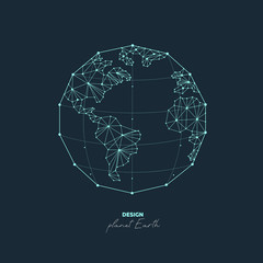 Planet Earth in abstract lines on a dark background with a world map. 3D mesh polygonal line, sphere design. Vector illustration