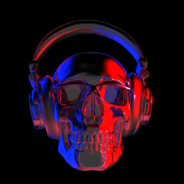 glass skull with headphones in dark background. 3d illustration