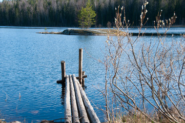Brunches of spring tree. The old wooden pier on a lake in spring forest. Natural background. Water. Spring moment. 