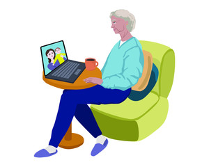 Senior woman speaks with family using video chat.Grandmother doing online call.Dauther and baby on the laptop screen.Social distance concept, family goals during 