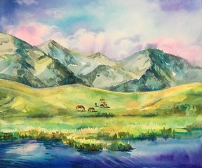Watercolor horses in a pasture in the mountain valley. Summer panorama landscape. Colorful outdoor travel background. Horizontal view, copy-space. Template for designs, card, posters, wallpaper.