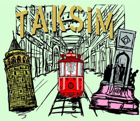 Istanbul taksim istiklal street tram embroidery graphic design vector art