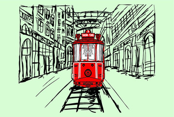 Istanbul taksim istiklal street tram embroidery graphic design vector art
