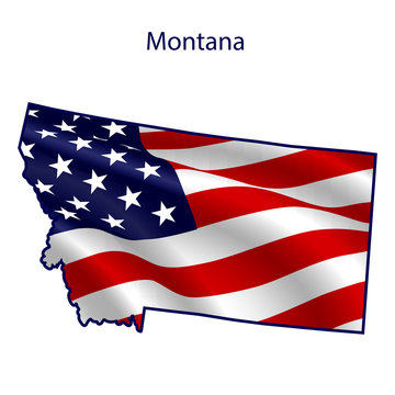 Montana full of American flag waving in the wind. The outline of the state