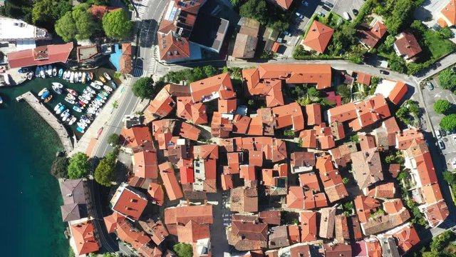 Croatia, Adriatic coast, beautiful old town of Lovran, historic center and coastline aerial overhead view, Kvarner bay 
