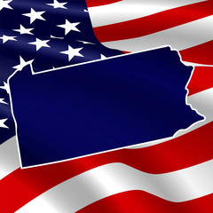 United States, Pennsylvania. Dark blue silhouette of the state on its borders on the background of the USA flag.