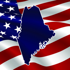 United States, Maine. Dark blue silhouette of the state on its borders on the background of the USA flag.