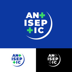 Antiseptic logo on a different backgrounds. Letters T like medical crosses into circle badge. Hand antiseptic medicine product. Logotype for antibacterial sanitizer gel. 