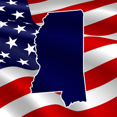 United States, Mississippi. Dark blue silhouette of the state on its borders on the background of the USA flag.