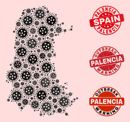 Outbreak combination of covid-2019 mosaic Palencia Province map and rubber seals. Vector red watermarks with unclean rubber texture and Outbreak Warning caption.