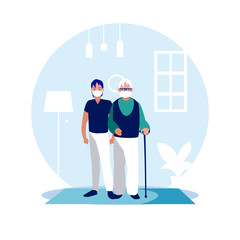 Man and grandfather with mask at home vector design