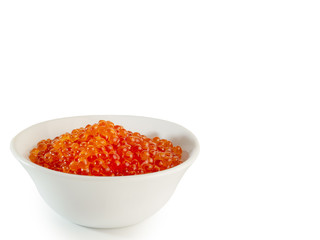 Red caviar in a white plate isolated on a white background. The delicacy of seafood.
