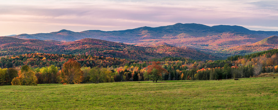 Autumn Sunset on country farm road near Montpelier Vermont