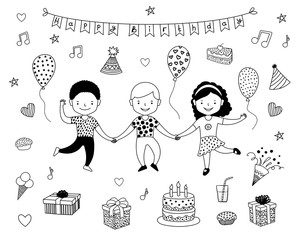 Kids Birthday party celebration. Friends hold hands. Objects set. Cake, air balloons, gift, present box, cupcake, pie, firework, music. Black and white vector illustration