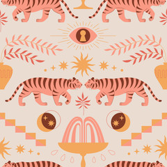 Seamless pattern with chinese tigers in boho asian style. Beautiful animal print design. For fabric, wall art, interior, packaging. Sun, crescent moon, star, floral branch, eye. Magic mystery concept.