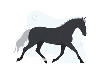 Illustration of a black horse on a background of stars. Image of a black horse with stars on the background.