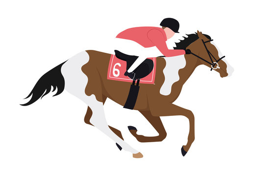 A jockey on a prancing horse. Illustration of a horse trotting with a rider at the back. Illustration of a rider riding a horse.