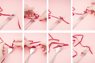 Step by step tutorial how to tie a ribbon bow with a fork. DIY. Decoration for a present, invites, seating cards. Preparation for celebration.