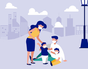 Family with masks at park in front of city vector design