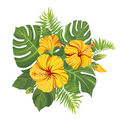 Yellow tropical flowers bouquet. Floral composition with hibiscus, palm leaves and monstera. Vector illustration.