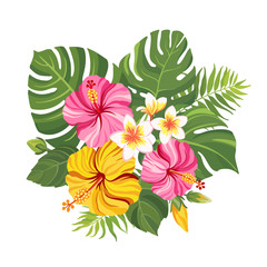 Tropical flowers bouquet. Floral composition with hibiscus, plumeria, palm leaves and monstera. Vector illustration.