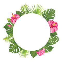 Fototapeta na wymiar Pink tropical flowers and green leaves frame template. Hibiscus floral border with place for text. Vector illustration.