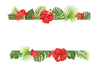 Red tropical flowers and green leaves frame template. Hibiscus floral border with place for text. Vector illustration.