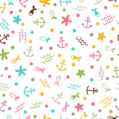 Cute sea summer seamless pattern with pearls, fishes and starfishes. Marine background. Perfect for wrapping paper, textile and web design