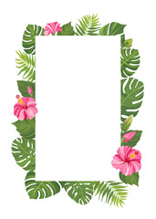 Pink tropical flowers and green leaves frame template. Hibiscus floral border with place for text. Vector illustration.