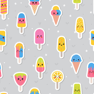 Colorful summer seamless pattern with kawaii ice cream. Wrapping paper, fabric. Cute sweets background