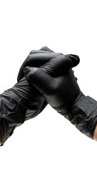 Female hands in protective rubber medical gloves of black color, show a symbol of the .handshake friendship on white background isolate.