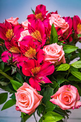 Spring flowers bouqetes on table. Flowers bouquet arrange for decoration in home or celebration.