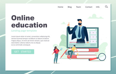 Online education landing page. Male teacher giving online lessons. Vector illustration in cartoon flat style.